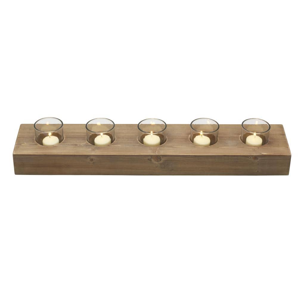Rustic Natural Wood and Glass 23" Linear Candle Holder