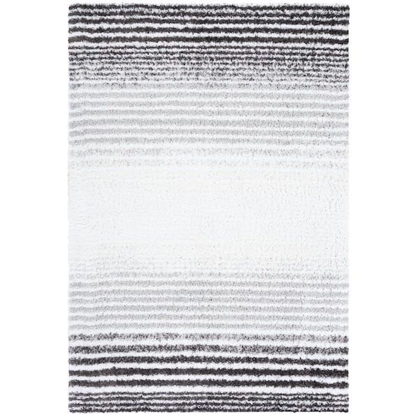 Berber Shag 9 ft. x 12 ft. Ivory/Gray Striped Gradient Modern Area Rug