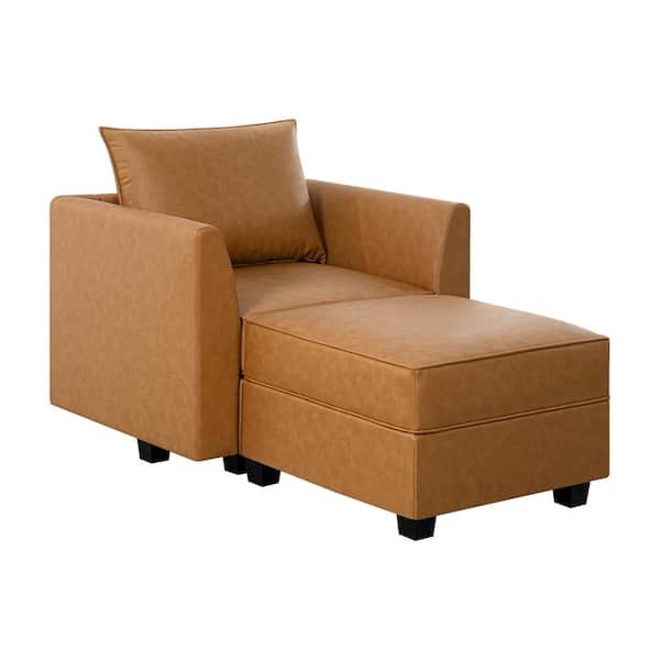 HOMESTOCK 35.43 in. Caramel Modern Faux Leather Accent Chair for Sectional Sofa with Ottoman in Caramel