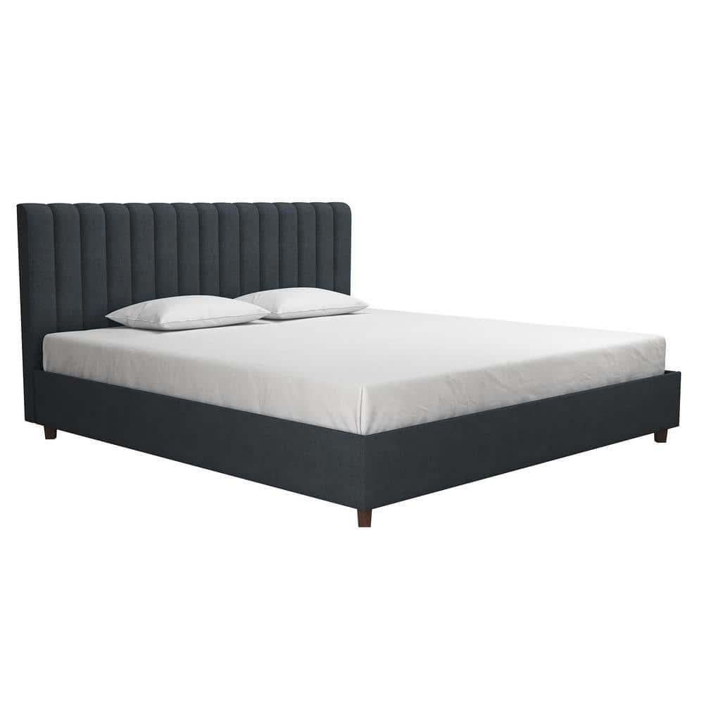 Brittany Blue Linen King Upholstered Platform Bed with Tufted Headboard