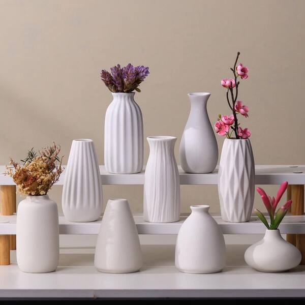 4.1 in. White Ceramic Artificial Plant Vase Set, 9-Piece, Neutral