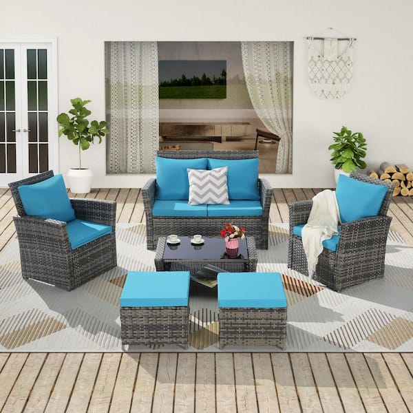 Sudzendf 6-Piece Wicker Patio Conversation Set with Light Blue Cushions, Ottoman and Tempered Glass Coffee Table