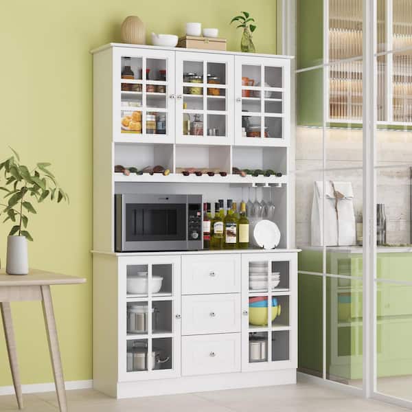 FUFU&GAGA White Wooden Sideboard, Food Pantry, Storage Cabinet with 3 Drawers, 13 Shelves and Wine Rack