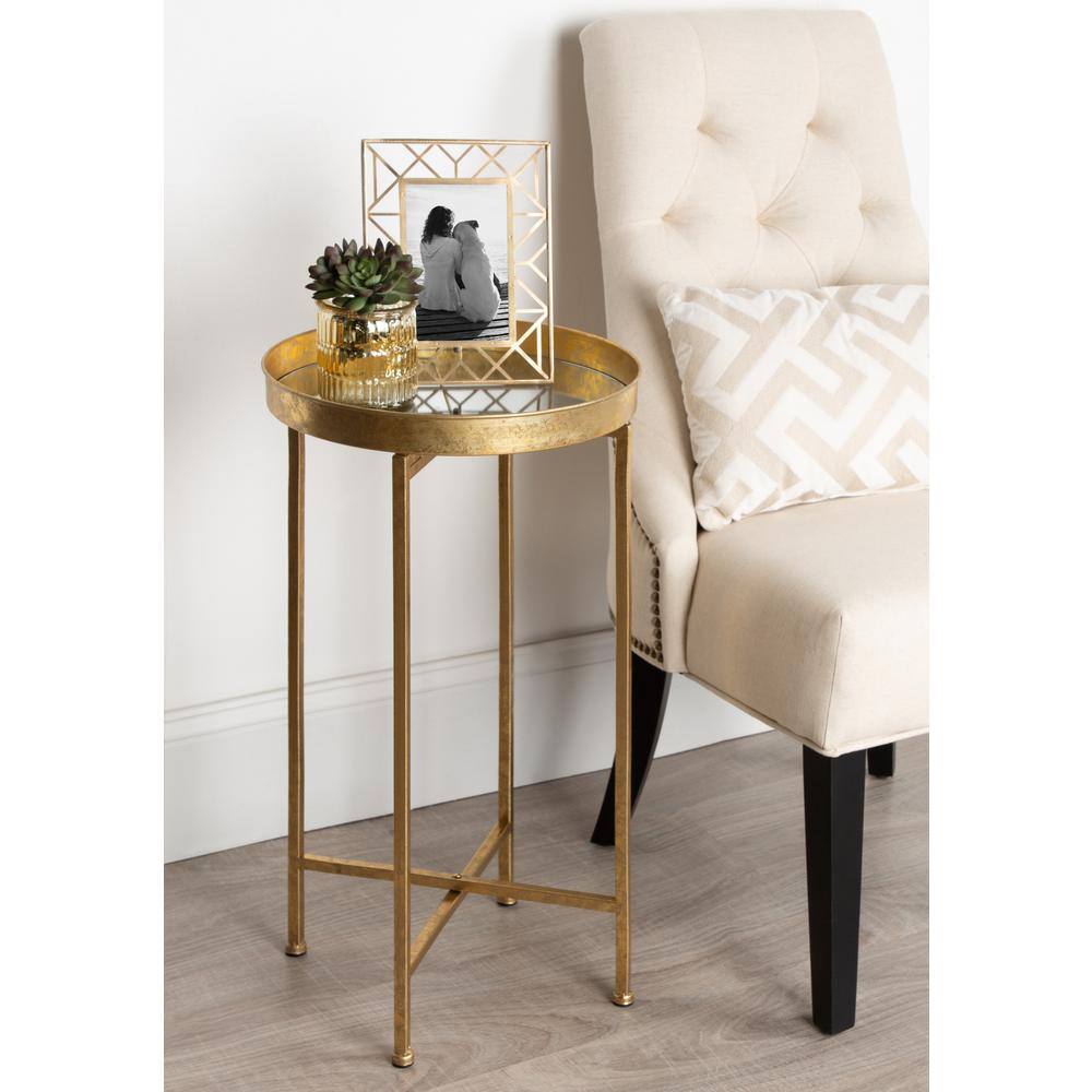 Elegant Gold Metal Round Tray Table with Mirror Top, 25.5"
