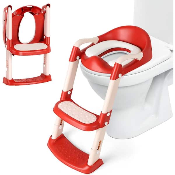 Oumilen Toddler Round Front Toilet Seat 23.2 in with Step Stool Foldable Potty Training Seat in Red White