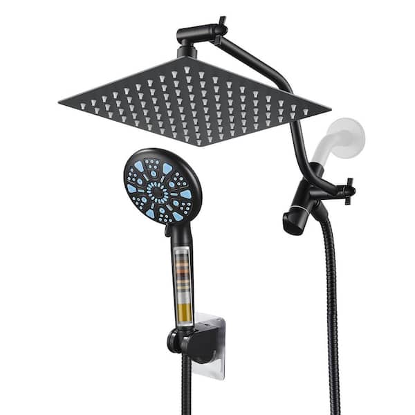 2-in-1 9-Spray Wall Mounted Dual Shower Head and Handheld Shower Head w/ Filter 2.5 GPM 8 in. Fixed Shower Head in Black