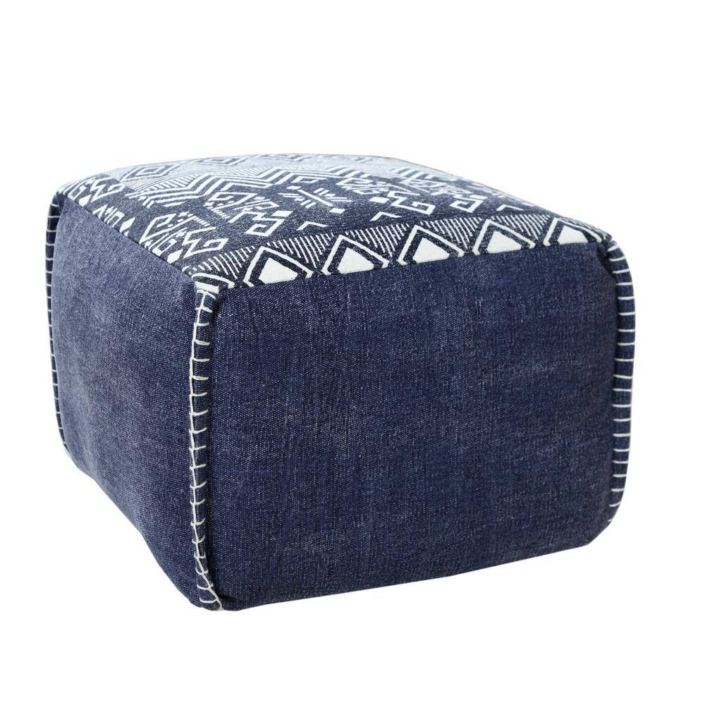 Handcrafted Navy and White Cotton Geometric Pouf Ottoman