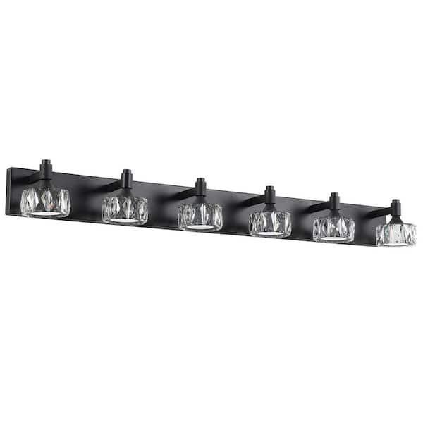 44 in. 6-Light Black Modern LED Vanity Light with Crystal Glass Shade