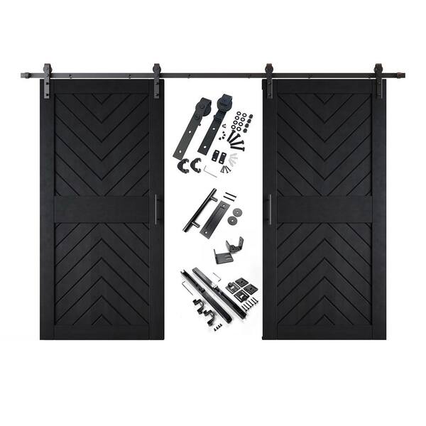 JT4 32 in. x 84 in. C-Panel Black Fishbone Design Double Pine Wood Sliding Barn Door with Hardware Kit