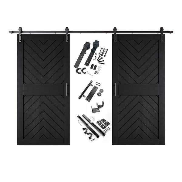 JT4 40 in. x 84 in. C-Panel Black Fishbone Design Double Pine Wood Sliding Barn Door with Hardware Kit