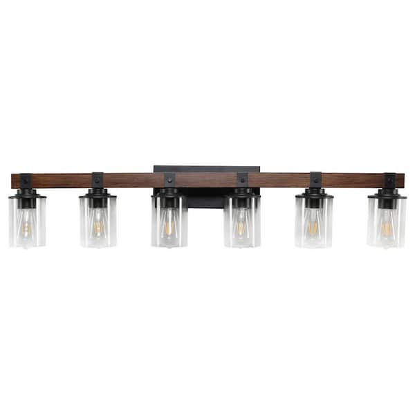 42.3 in. 6-Light Rustic Walnut Bronze Bathroom Vanity Light with Clear Glass Shades Mirror, Vanity (Bulb Not Included)