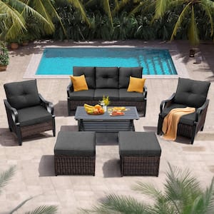 6-Piece Steel Outdoor Patio Conversation Set With Reclining Backrest, Ottomans, Black Cushions Sectional Sofa
