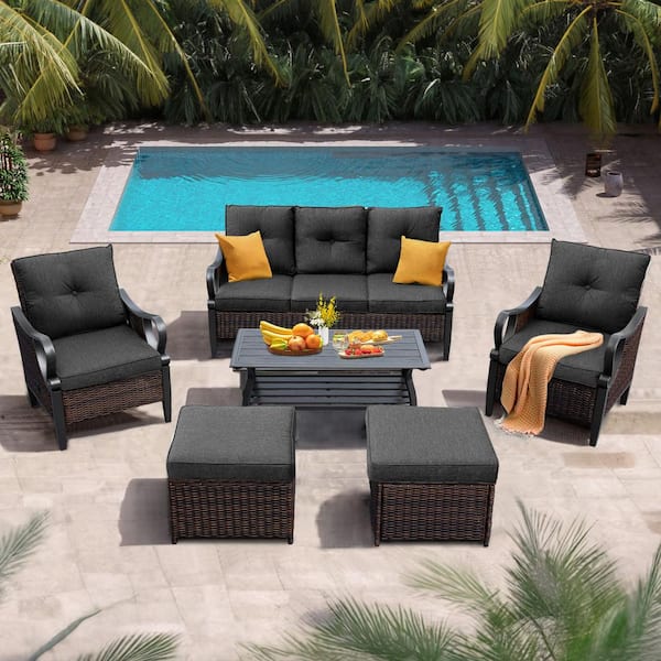 ToolCat 6-Piece Steel Outdoor Patio Conversation Set With Reclining Backrest, Ottomans, Black Cushions Sectional Sofa