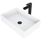 Matte Stone Magnolia Composite Rectangular Vessel Bathroom Sink in White with Faucet and Pop-Up Drain in Matte Black