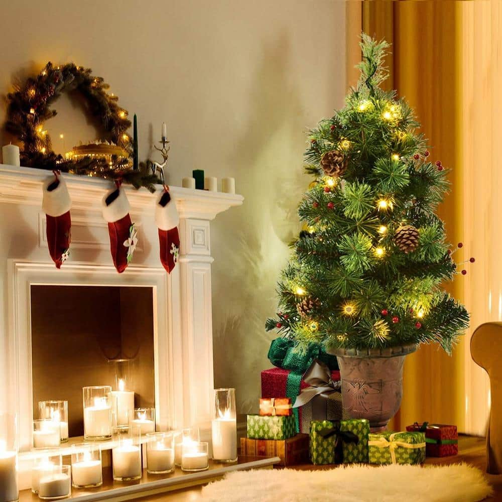 5-Foot Pre-Lit Green Christmas Tree with Pine Cones and Red Berries