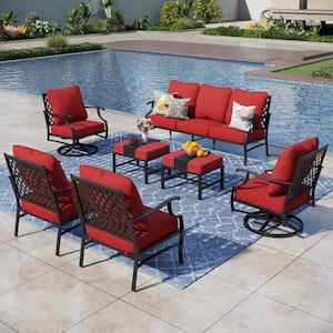 Black Meshed 9-Seat 7-Piece Metal Outdoor Patio Conversation Set with Red Cushions 2 Swivel Chairs and 2 Ottomans