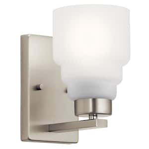 Vionnet 1-Light Brushed Nickel Bathroom Indoor Wall Sconce with Satin Etched Glass Shade