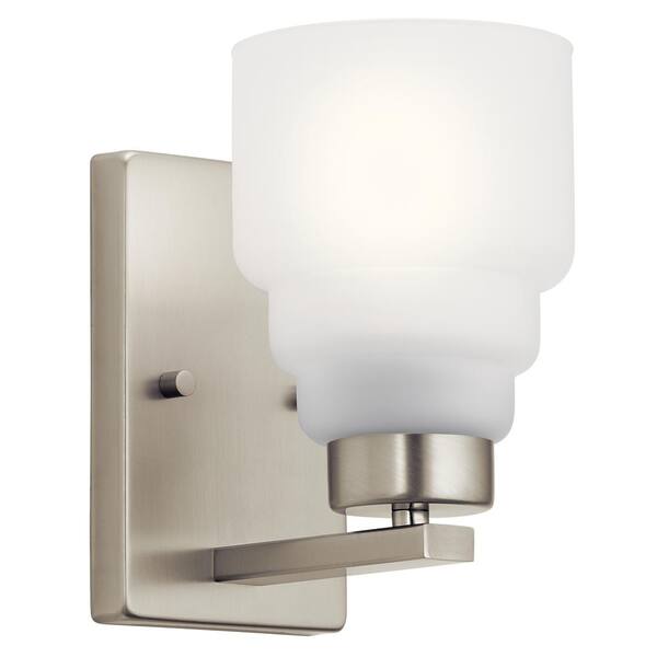 KICHLER Vionnet 1-Light Brushed Nickel Bathroom Indoor Wall Sconce Light with Satin Etched Glass Shade