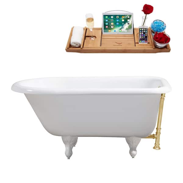 Streamline 48 in. Cast Iron Clawfoot Non-Whirlpool Bathtub in Glossy White with Polished Gold Drain And Glossy White Clawfeet