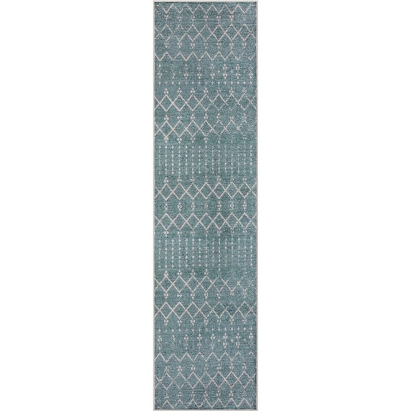 Leila Moroccan Diamond Trellis Machine-Washable Teal/Ivory 2 ft. x 8 ft. Runner Rug