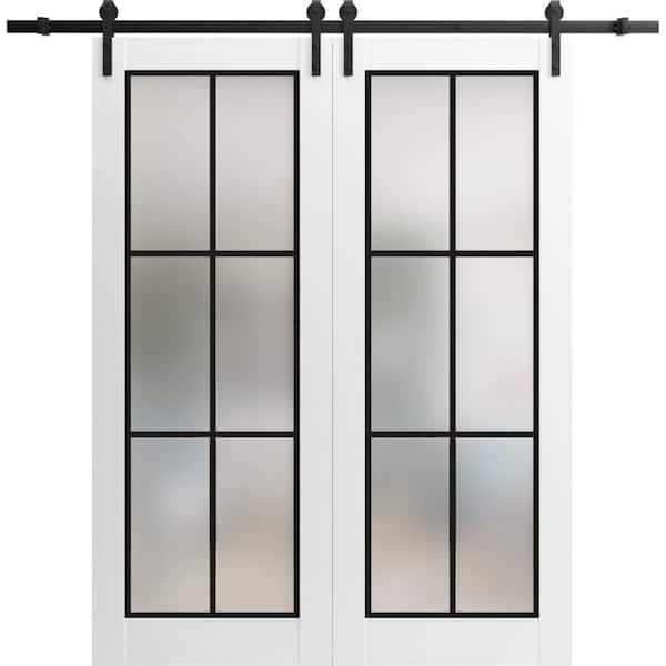 Sartodoors 32 in. x 80 in. 2 Panel Frosted Glass White Solid Wood Sliding Barn Door with Hardware Kit