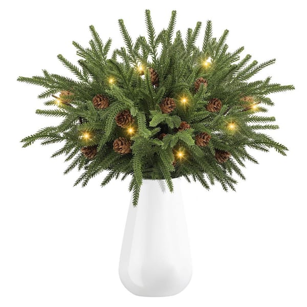 18 in. Green Artificial Christmas Norfolk Pine Branches with Warm Light Set of 10