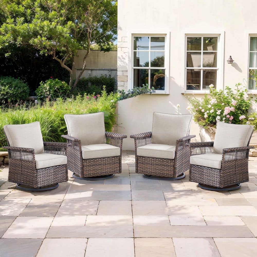 Solara 4-Piece Brown Wicker Outdoor Rocking Chair Patio Furniture Swivel Glider Set Deep Seating with Beige Cushions price history on PriceWatchPro