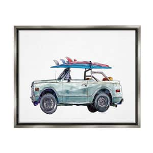Retro Beach Cruiser with Surfboard Illustration by Paul McCreery Floater Frame Travel Wall Art Print 31 in. x 25 in.