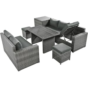 Grey 6-Piece All Weather PE Rattan Patio Conversation Set with Grey Cushion and Storage Box and Tempered Glass Top Table