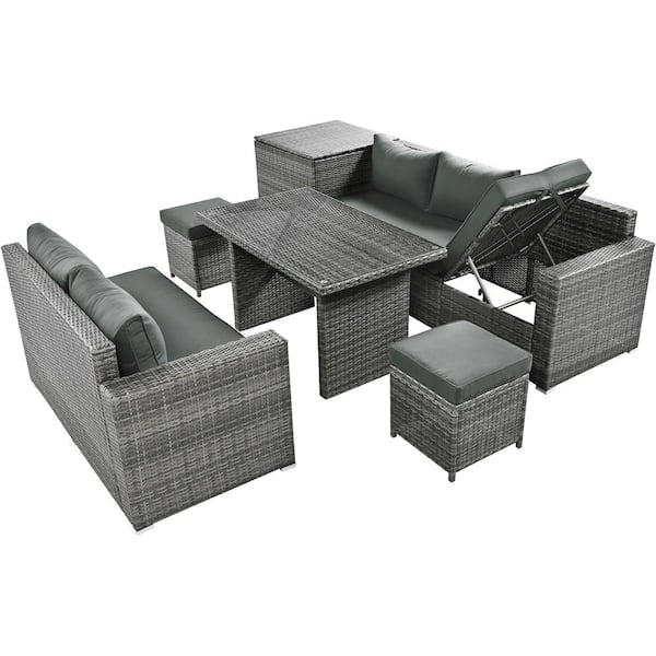 Grey 6-Piece All Weather PE Rattan Patio Conversation Set with Grey Cushion and Storage Box and Tempered Glass Top Table