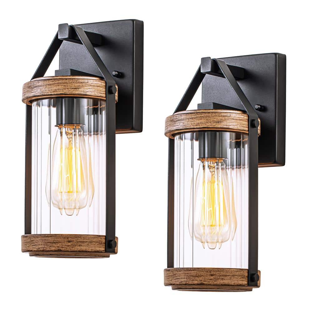 Medium Black and Woodgrain Metal Outdoor Lantern Sconce with Clear Glass