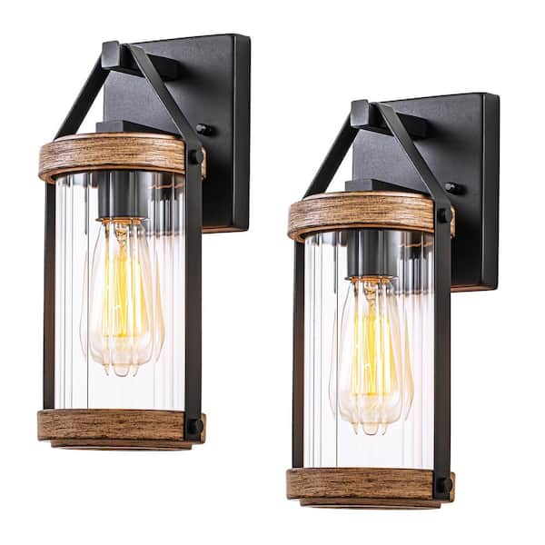 C Cattleya Black and Woodgrain Outdoor Hardwired Wall Lantern Sconces with Clear Strip Glass Shade, No Bulbs Included (2-Pack)