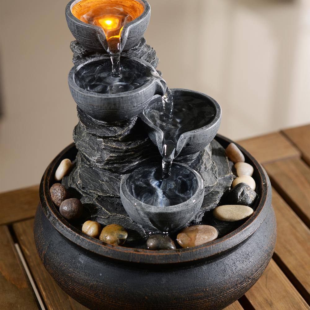 Stone Gray 4-Tier Tabletop Fountain with LED Lights