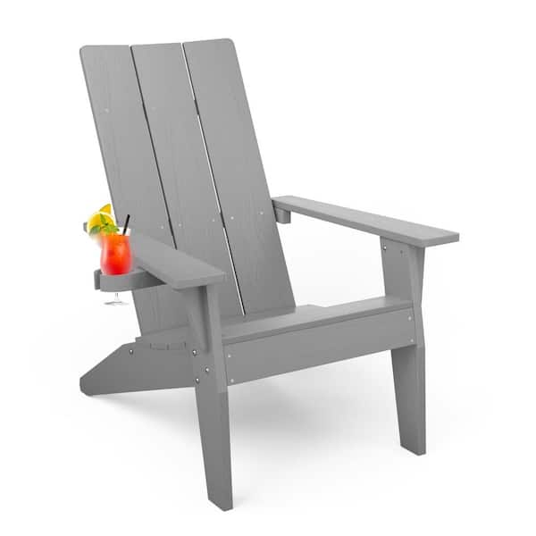 Grey Weather Resistant Plastic Outdoor Patio Adirondack Chair with Cup Holder