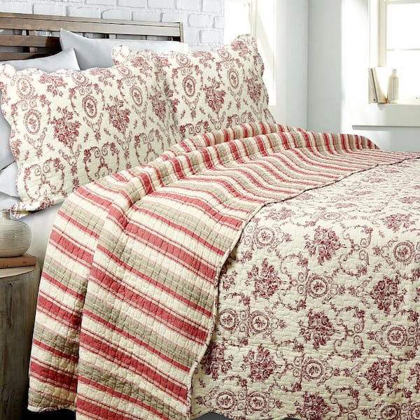 Bedspread Spring Rose Floral Reversible 100%Cotton 3-Piece Quilt Set Coverlet 