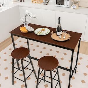 3-Piece Black And Brown Wood Top Bar Table Set Pub Kitchen Dining Table w/2-Round Stools