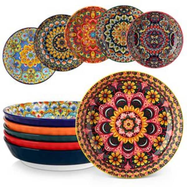 32 fl. oz. Multi-Colored Porcelain Pasta Bowls Set of 6 Salad Bowls Soup Bowls Bohemian Style Kitchen Serving Plates