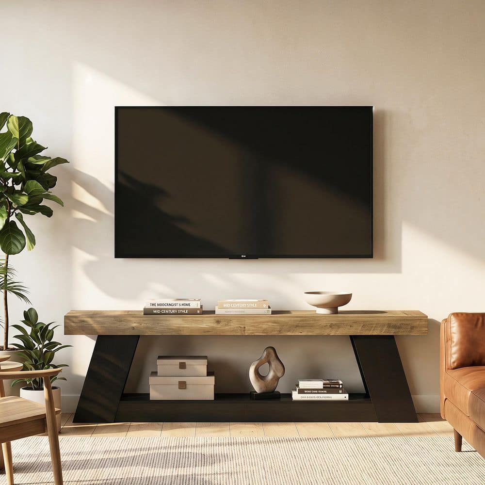 Brown and Black TV Stand Fits TVs up to 65 to 80 in. TV Stand, Wood Entertainment Center with Storage for Living Room