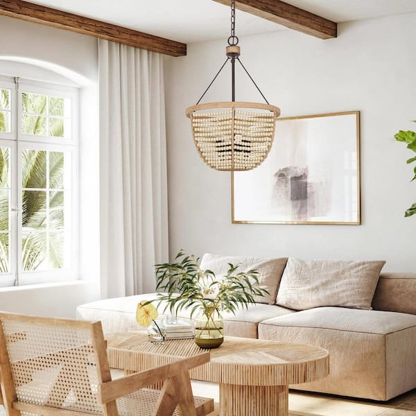 4-Light Bronze Chandelier with White Wood Beads