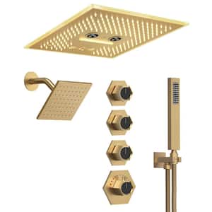 16 in. AuroraMist LED Shower 17-Spray Dual Ceiling Mount Fixed and Handheld Shower Head 2.5 GPM in Brushed Gold