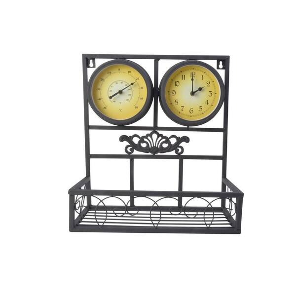 Moonrays 14 in. Outdoor Planter Box with Clock and Thermometer - Metal Black