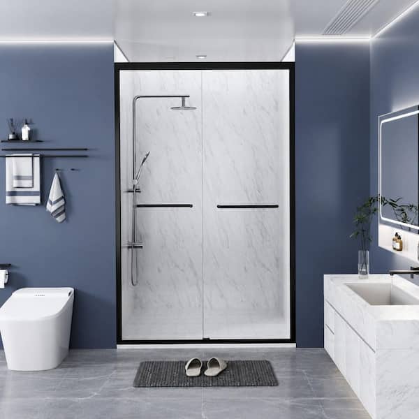 45-48 in. W x 76 in. H Semi-Frameless Double Sliding Shower Door in Matte Black