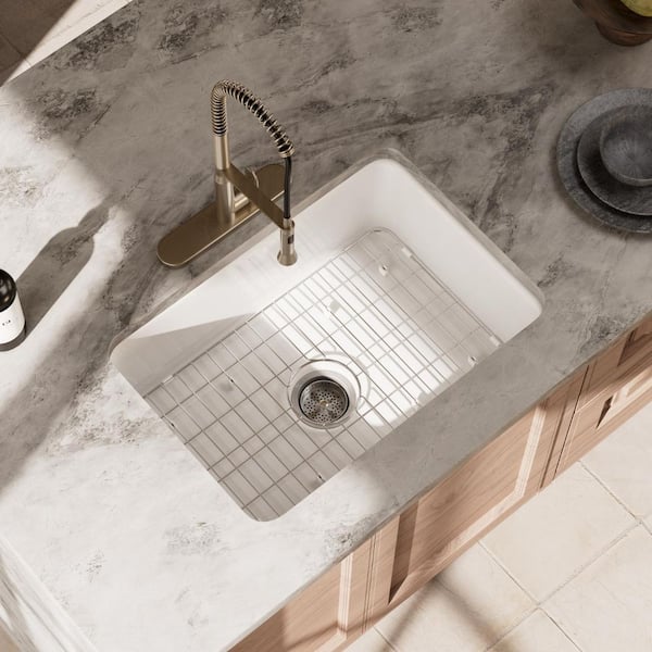 Los Flexi 27 in. White Undermount Kitchen Sink, Drop-in and Undermount Dual Mount Ceramic Kitchen Sink, Grid and Strainer Drain