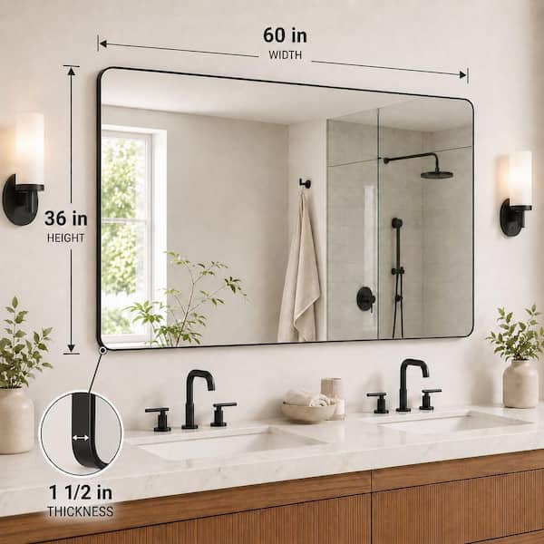 60 in. W x 36 in. H Rectangular Framed Wall Bathroom Vanity Mirror in Matte Black