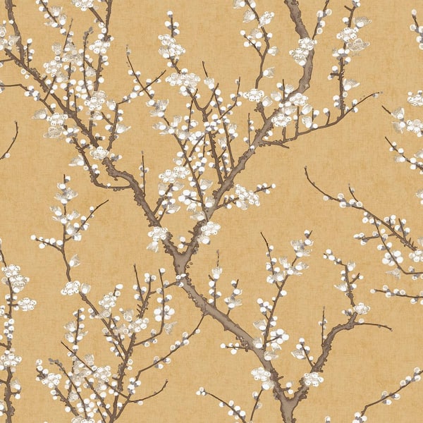 Unbranded Spring Blossom Collection Sakura Tree Yellow Matte Finish Non-Pasted Non-Woven Paper Wallpaper Roll
