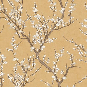 Spring Blossom Collection Sakura Tree Yellow Matte Finish Non-Pasted Non-Woven Paper Wallpaper Sample
