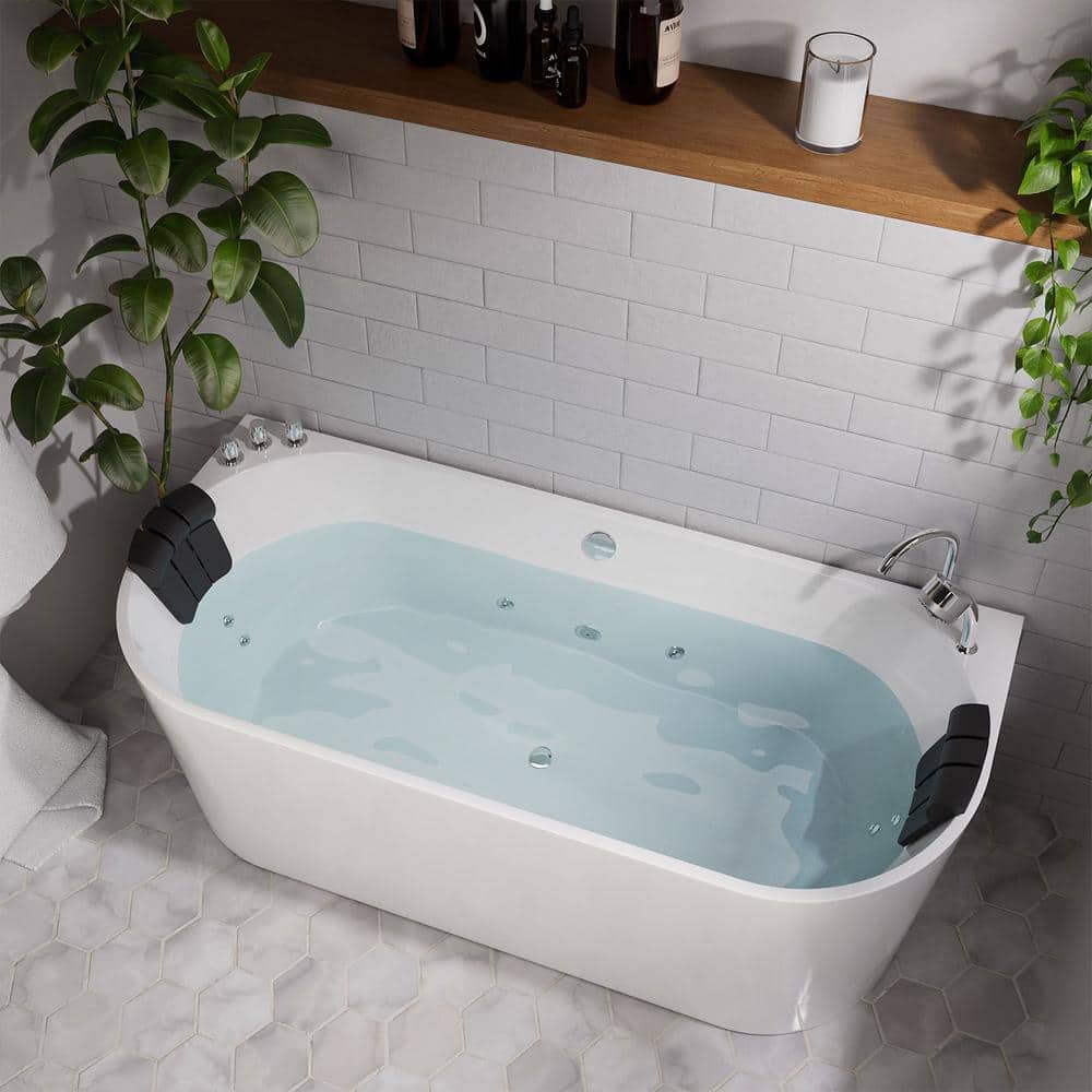 59'' White Freestanding Acrylic Whirlpool Bathtub with Faucet