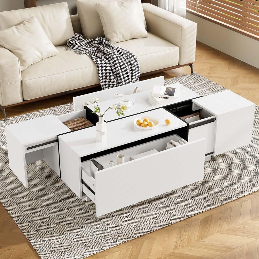 47.2 in. Rectangle MDF White Extendable Coffee Table with High-Gloss Finish, 2 Hidden Storage Space and 2 Drawers