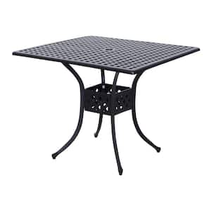 Black Cast Aluminum Square Patio Outdoor Dining Table, Bistro Table with Umbrella Hole for Garden, Backyard, Porch