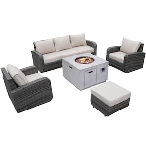 Bella Gray 5-Piece Wicker Patio Fire Pit Conversation Sofa Set with Beige Cushions